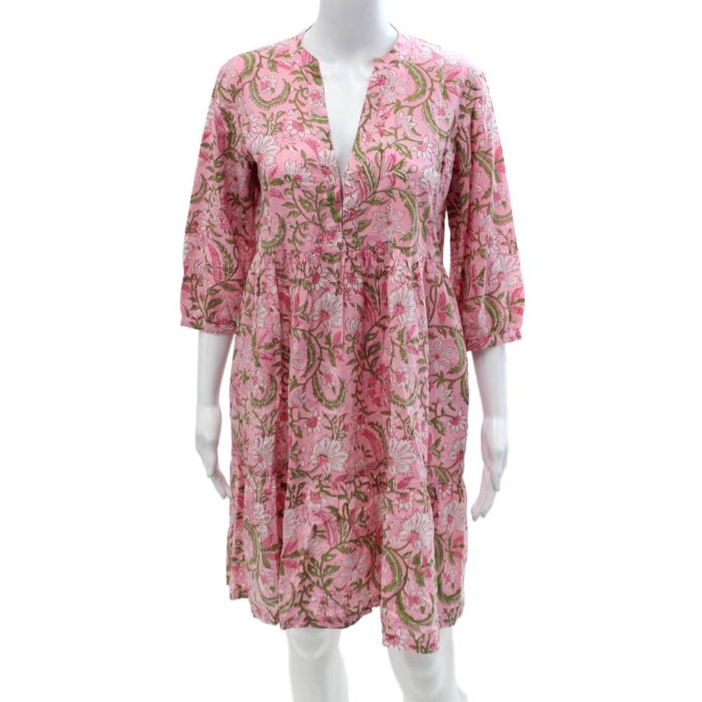 Just Darviny Women Kaftan Dress Pink Floral 3/4 Sleeve V-Neck Size XS